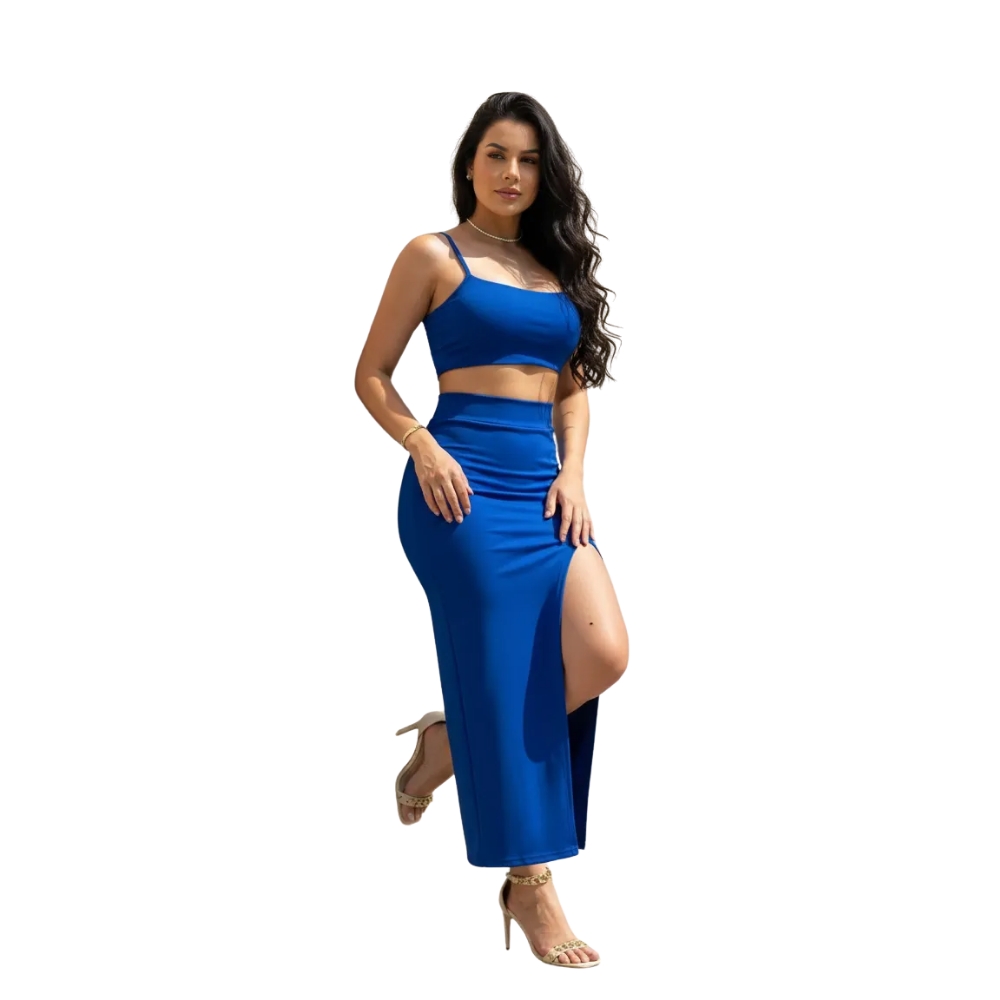Conjunto Top E Saia Feminino Com Fenda Lateral Suplex Premium - Azul