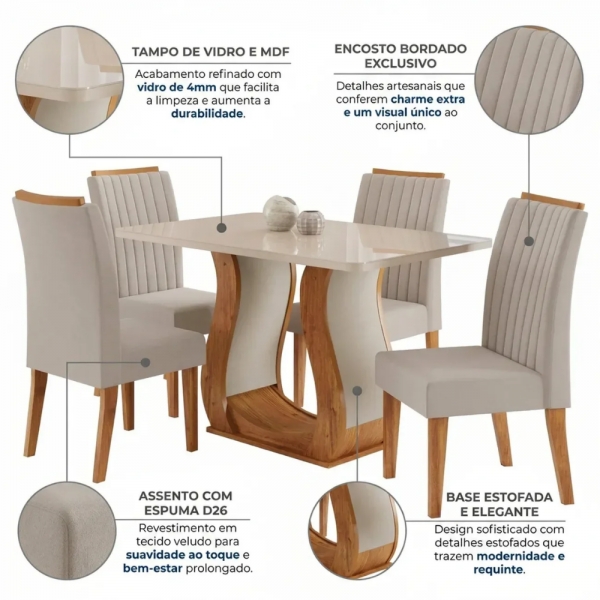 Conjunto Inspirare Sala de Jantar Mesa 120x80cm Tampo com Vidro  - Mel