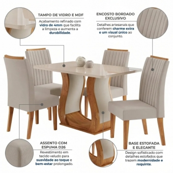 Conjunto Inspirare Sala de Jantar Mesa 120x80cm Tampo com Vidro 