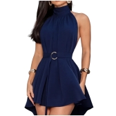 Vestido Curto Feminino Gola Alta Frente Unica Soltinho Verão - Azul-marinho