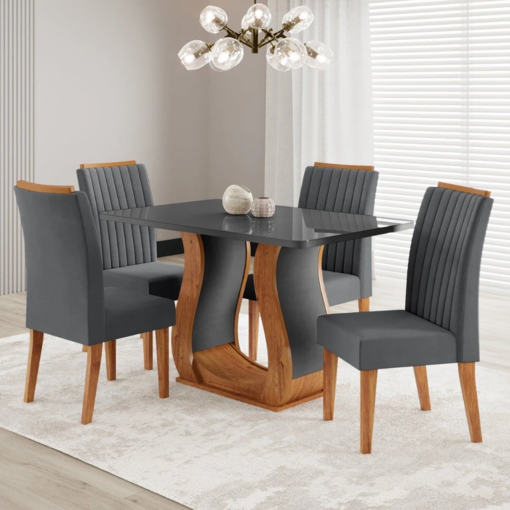 Conjunto Inspirare Sala de Jantar Mesa 120x80cm Tampo com Vidro  - Cinza
