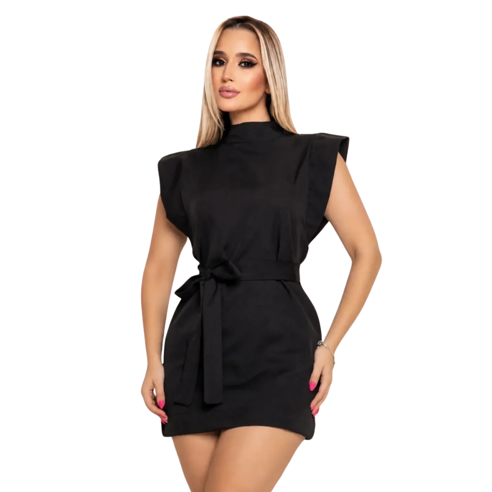 Vestido Feminino Curto Alfaiataria Elegante Com Cinto Muscle - Preto