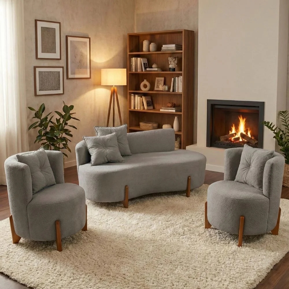 Conjunto 2 Poltronas + Sofá Curvo Orgânico Boucle - Montanaris Decor - Cinza
