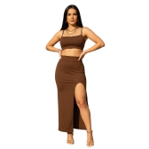 Conjunto Top E Saia Feminino Com Fenda Lateral Suplex Premium - Marrom