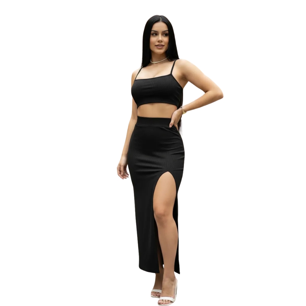 Conjunto Top E Saia Feminino Com Fenda Lateral Suplex Premium - Preto
