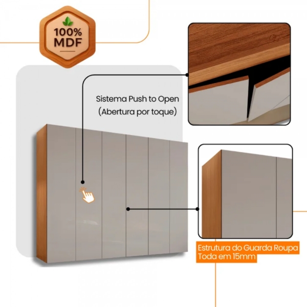 Guarda Roupa Casal Coliseu 100 Mdf 6 Portas e 6 Gavetas Moderna Mobília - Off-White/Naturalle